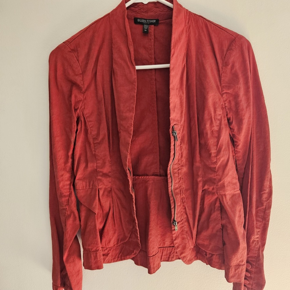 Eileen Fisher Blouse Linen P Small Rust Red Peplum Zip Minimalist Career Top